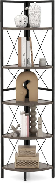 Scaffale Angolare, Libreria Industriale a 5 Ripiani con Struttura in Metallo, Libreria a Scale per Soggiorno Ufficio Cucina Spazi Piccoli, 35x35x160 cm (Grigio Rovere)