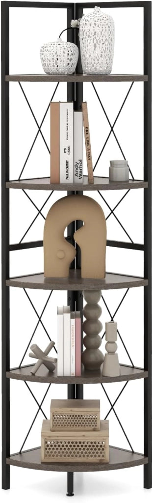 Scaffale Angolare, Libreria Industriale a 5 Ripiani con Struttura in Metallo, Libreria a Scale per Soggiorno Ufficio Cucina Spazi Piccoli, 35x35x160 cm (Grigio Rovere)