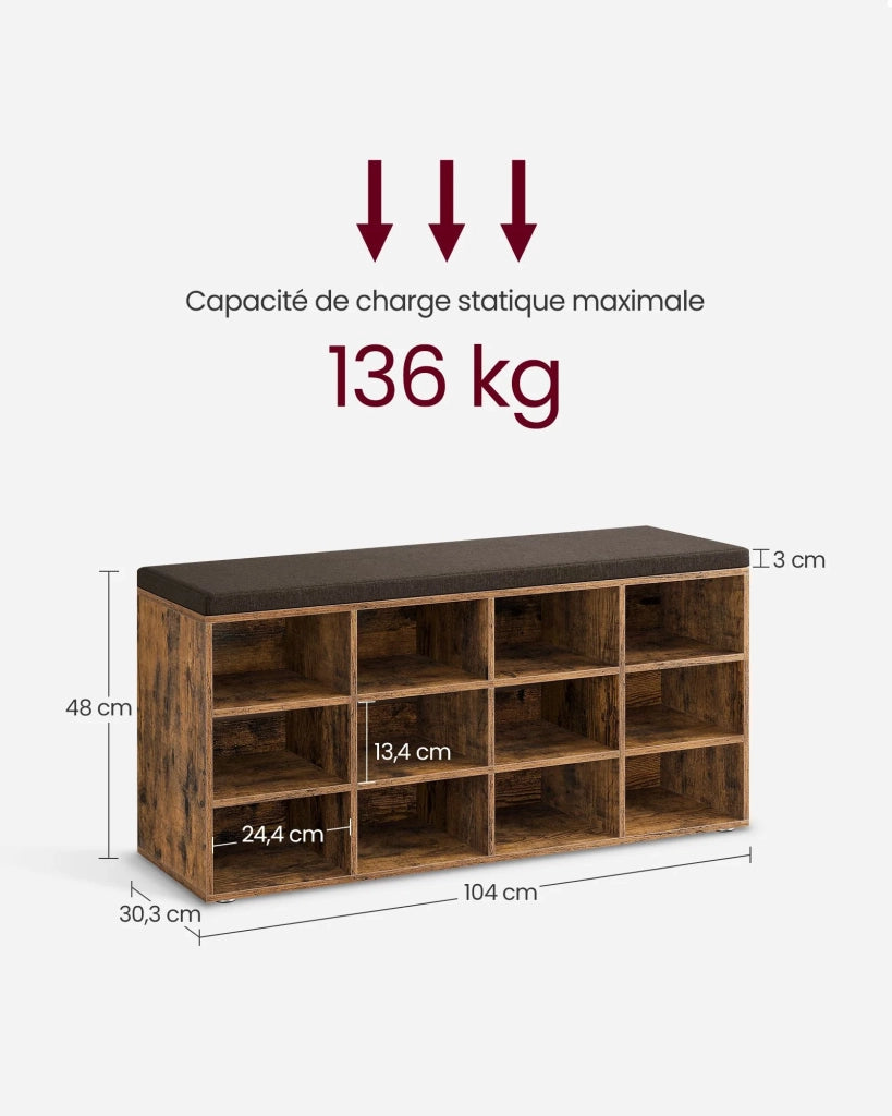 Panca portascarpe mobile da ingresso con seduta scarpiera con cuscino e 12 ripiani regolabili per corridoio/soggiorno 303 x 104 x 48 cm marrone rustico 12_0004090