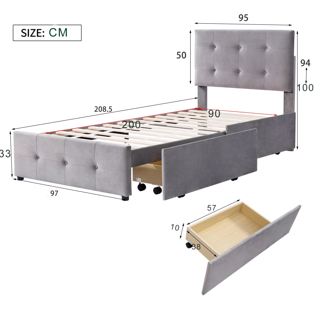 Letto imbottito 90x200 cm con cassetto; rete a doghe; velluto grigio (Senza materasso)