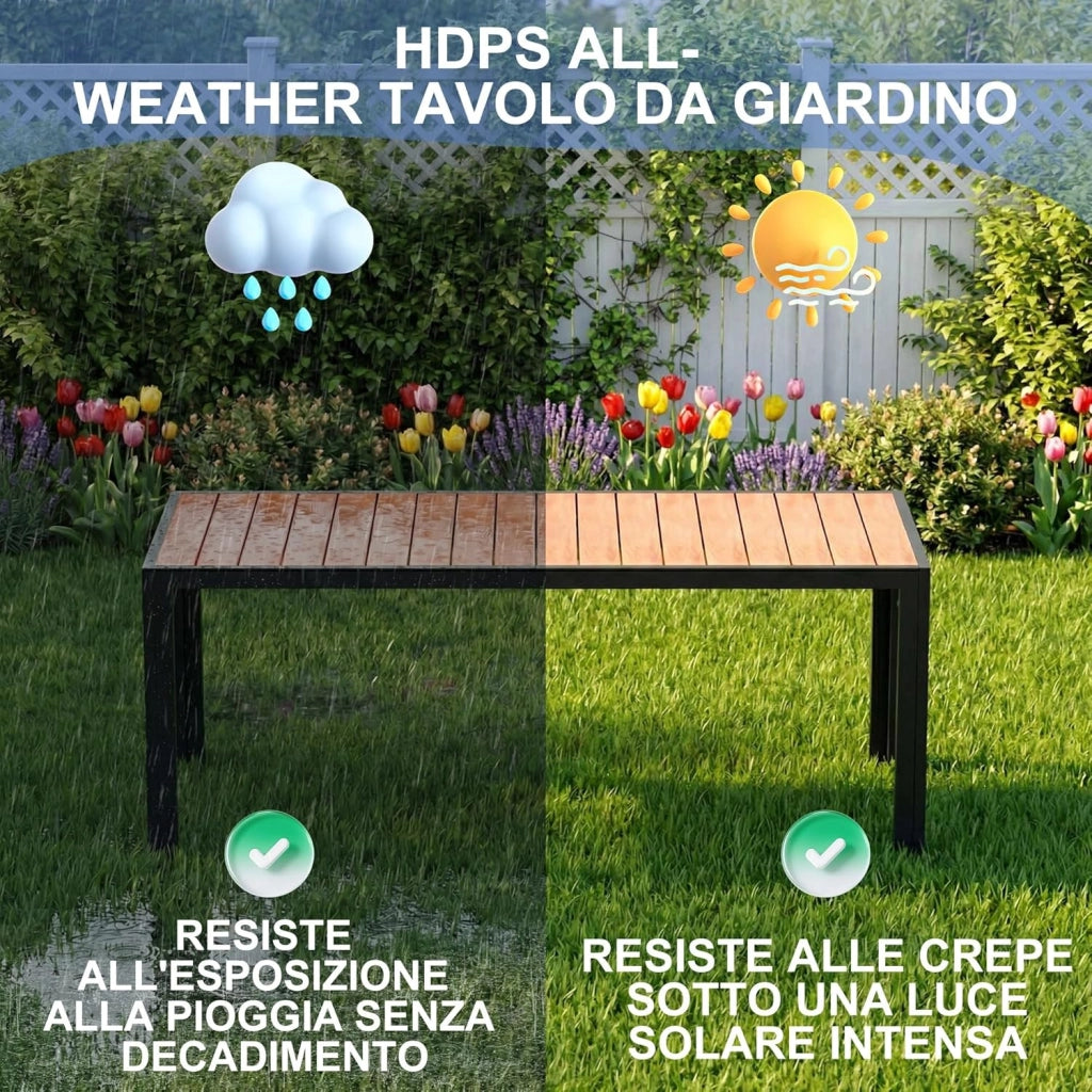 Tavolo da Giardino HDPS Resistente alle Intemperie, 189 x 80 x 74 cm Tavolino da Esterno Finitura a Vena di Legno e Facile da Manutenzionare, Tavolo da Pranzo Esterno per 6 a 8 Persone,Naturale