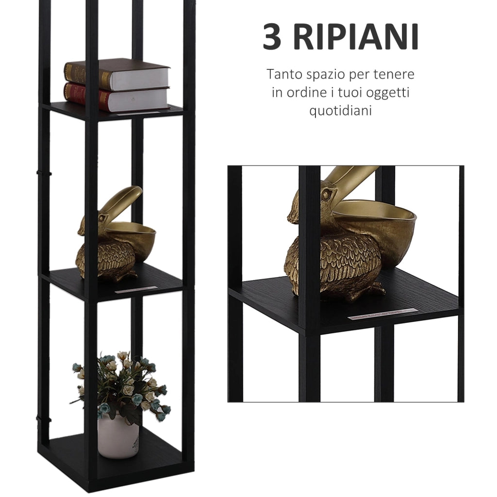 Scaffale Soggiorno in MDF con Lampada 40W Rete Nero Bianco 26x26x160 cm