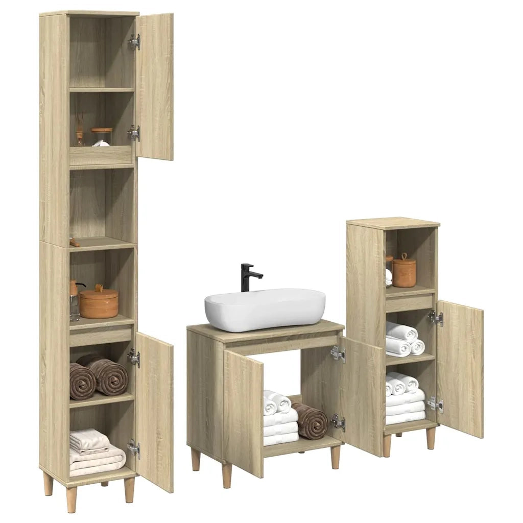 Set Mobili da Bagno | Armadio da bagno 3 pz Rovere Sonoma in Legno Multistrato