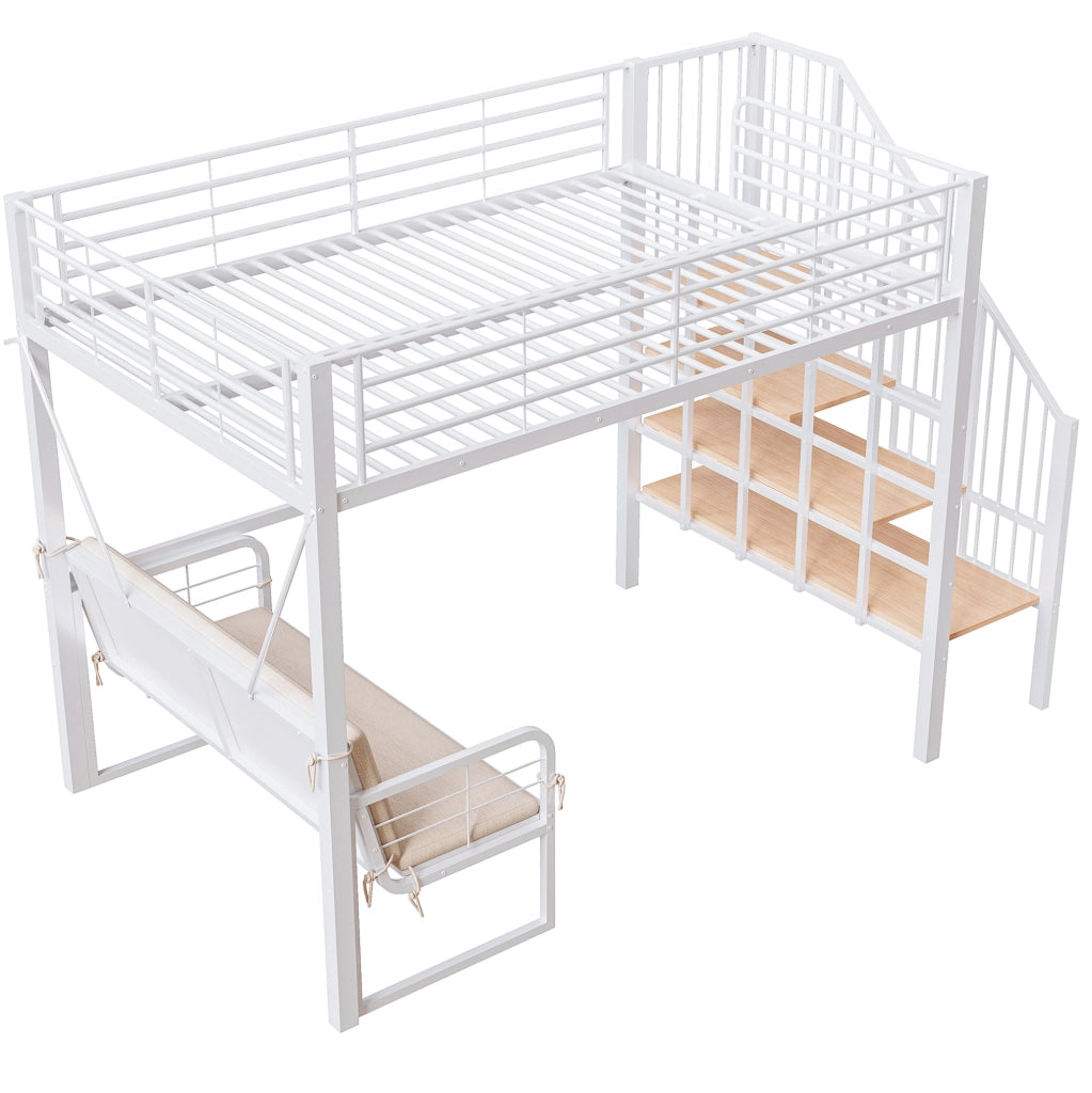 Letto a castello 140x200 cm in metallo e MDF; con divano imbottito removibile e scala contenitore bianco