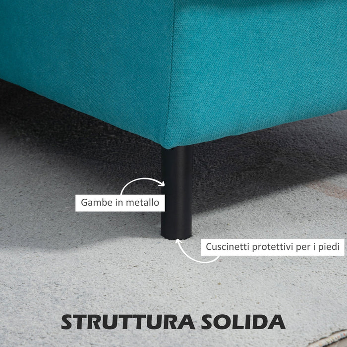 Divano Componibile a L con Braccioli e Poggiapiedi 222x154.5x71 cm in Tessuto Effetto Lino Blu e Nero