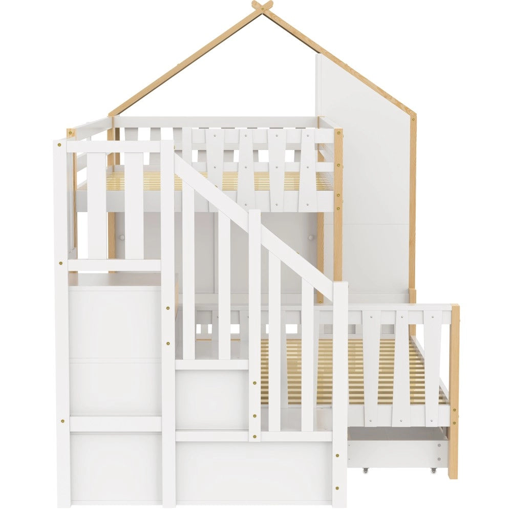 Letto a Castello 90x200 140x200 con Cassetti e Scaletta ¨C MINIMAL ¨C Bianco e Naturale