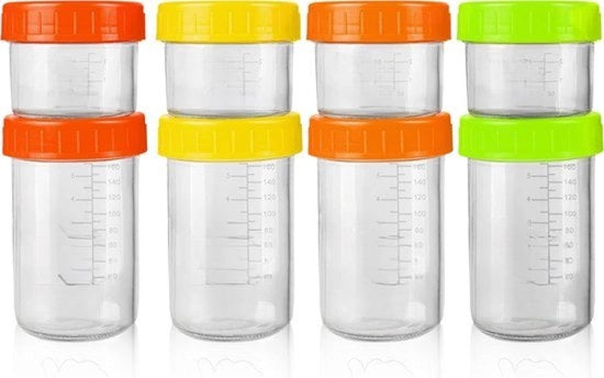Contenitori di conservazione per cibi per bambini in vetro - 8 pezzi, 100ml per alimenti per l'allattamento e 220ml per snack per bambini - sicuri per il lavastoviglie e il forno a microonde.