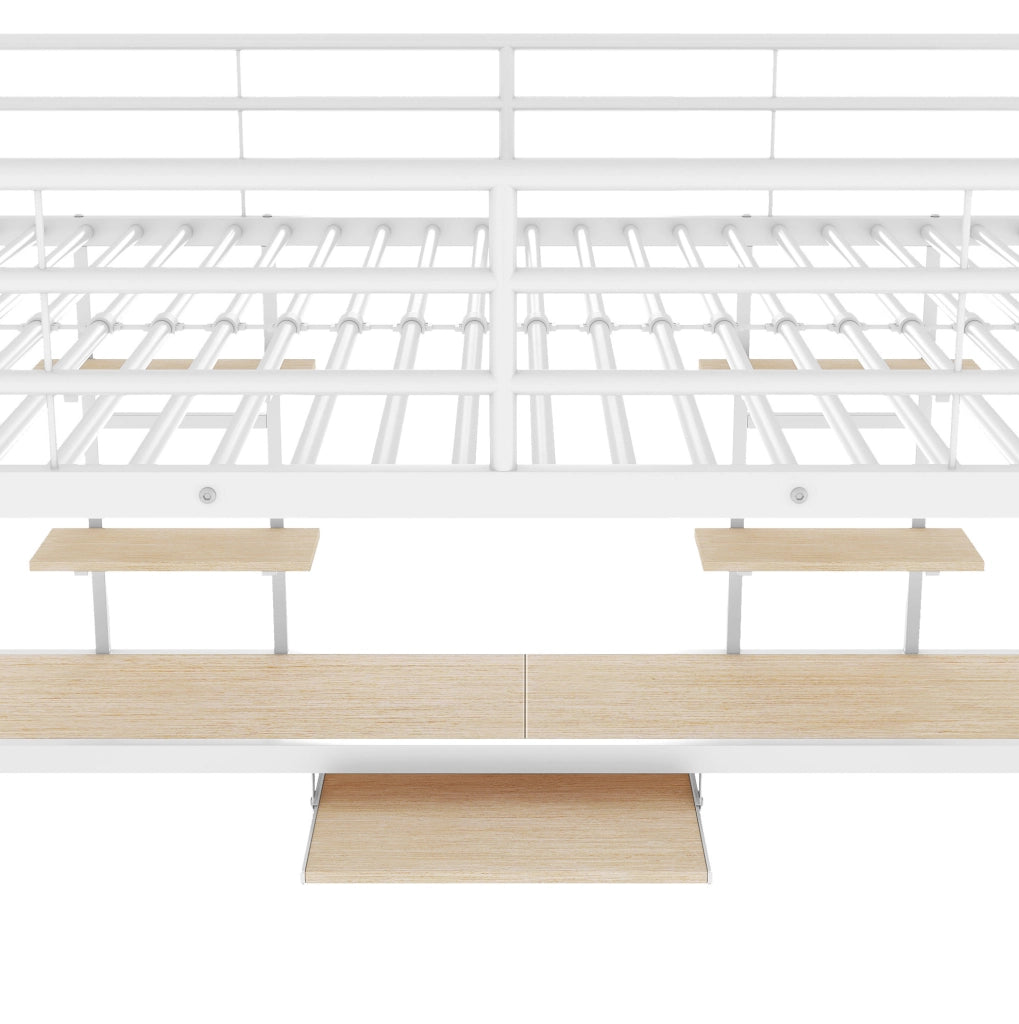Letto a soppalco 140x200 cm con scrivania e scaffali in metallo e MDF bianco