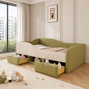 Letto per bambini imbottito 90x190 cm con 2 cassetti; vano portaoggetti e protezioni; verde e avorio