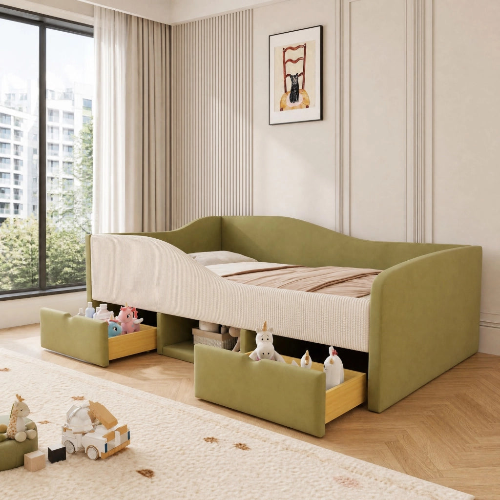 Letto per bambini imbottito 90x190 cm con 2 cassetti; vano portaoggetti e protezioni; verde e avorio