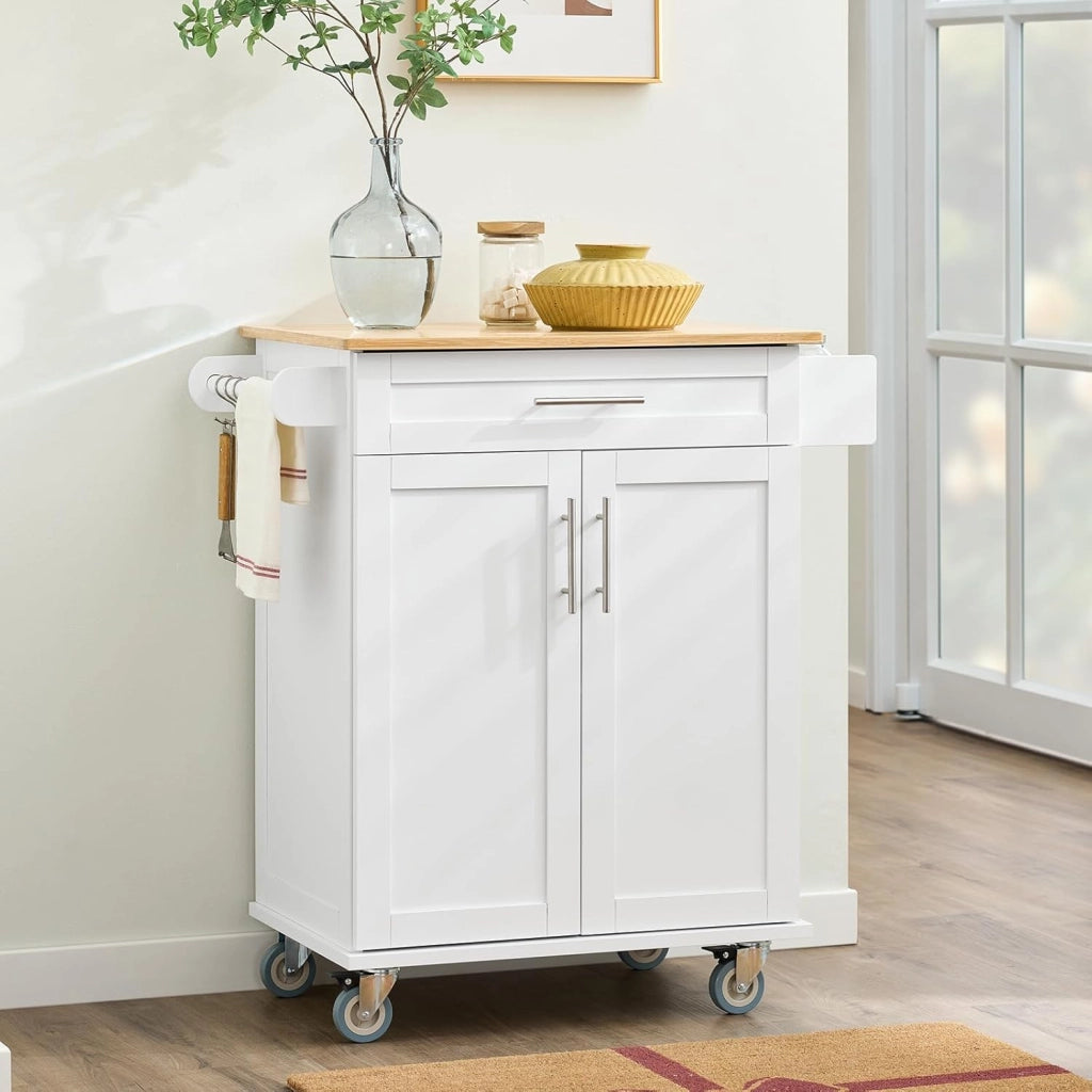 Carrello Cucina con Ruote – Mobile Cucina Salvaspazio con Piano in Bambù, Carrello Cucina con Cassetto e Armadietto, Credenza Cucina e Mobiletto Cucina per Soggiorno 84x44,5x91cm FKW13-II-WN