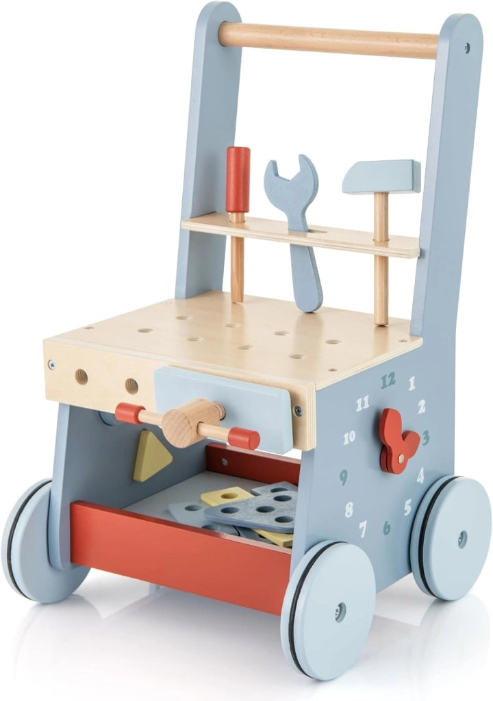 2-in-1 Girello Neonato in Legno, Camminatore con Giocattoli e Attrezzi, Primi Passi per Bambini con Montessori, Carrello Primi Passi con Ruote, con Banco da Lavoro, per Bambini 3+ Mesi