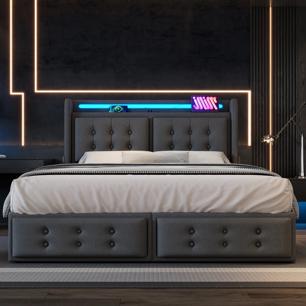 Letto matrimoniale 180x200 cm con 4 cassetti; LED; USB e USB-C in cotone e lino grigio