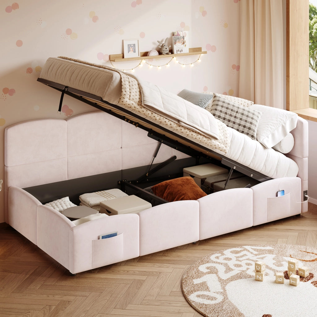 Letto imbottito 90x200 cm rosa in velluto con vano contenitore, USB e tasche