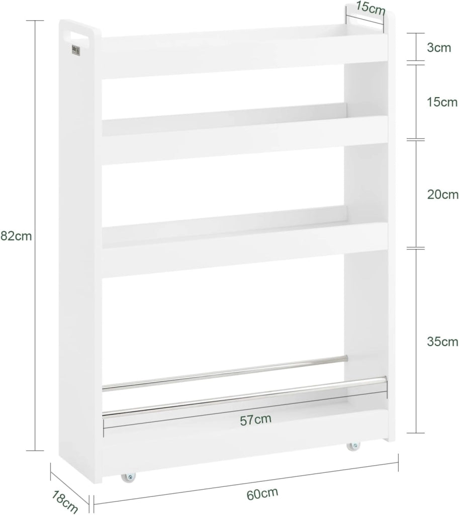 Carrello Slim per Cucina e Bagno con 4 Ruote Scaffale Salvaspazio a 4 Ripiani con Aste Antiscivolo Unità di Stoccaggio per Cucina, Bagno, Forniture per Bellezza o Artigianato 60x18x82cm NSR01-W