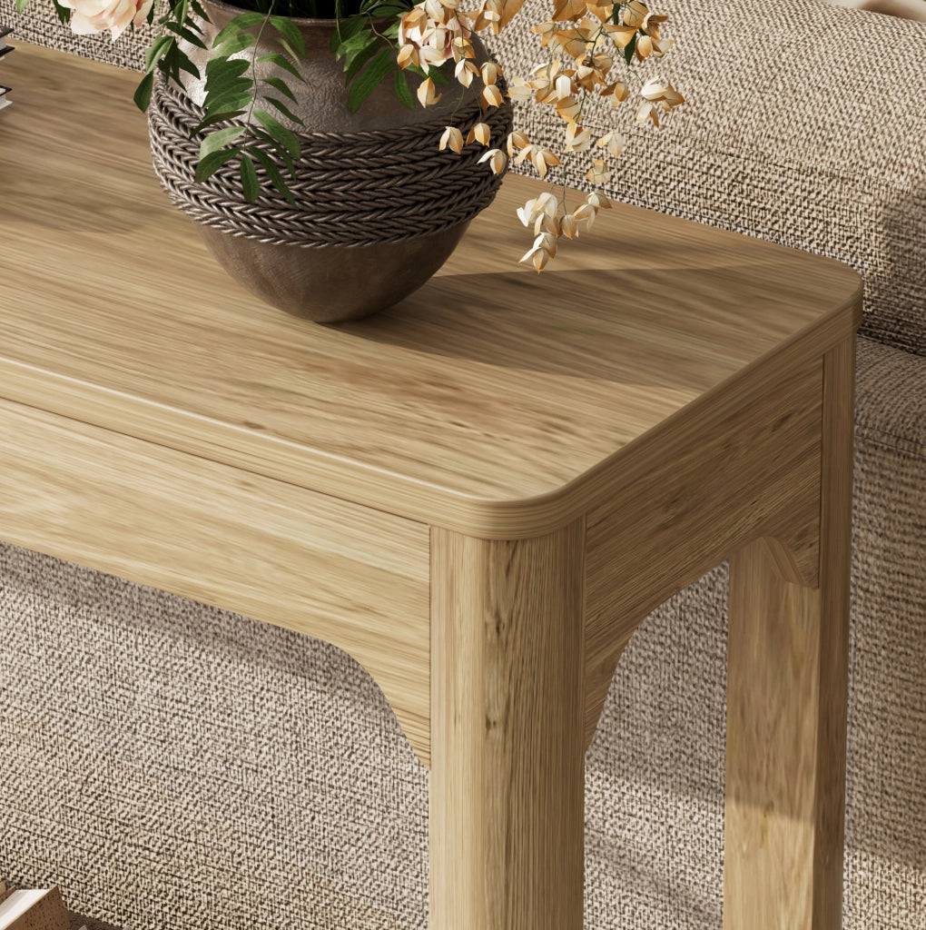 Tavolo consolle stretto 140 cm con ripiani aperti in MDF color naturale