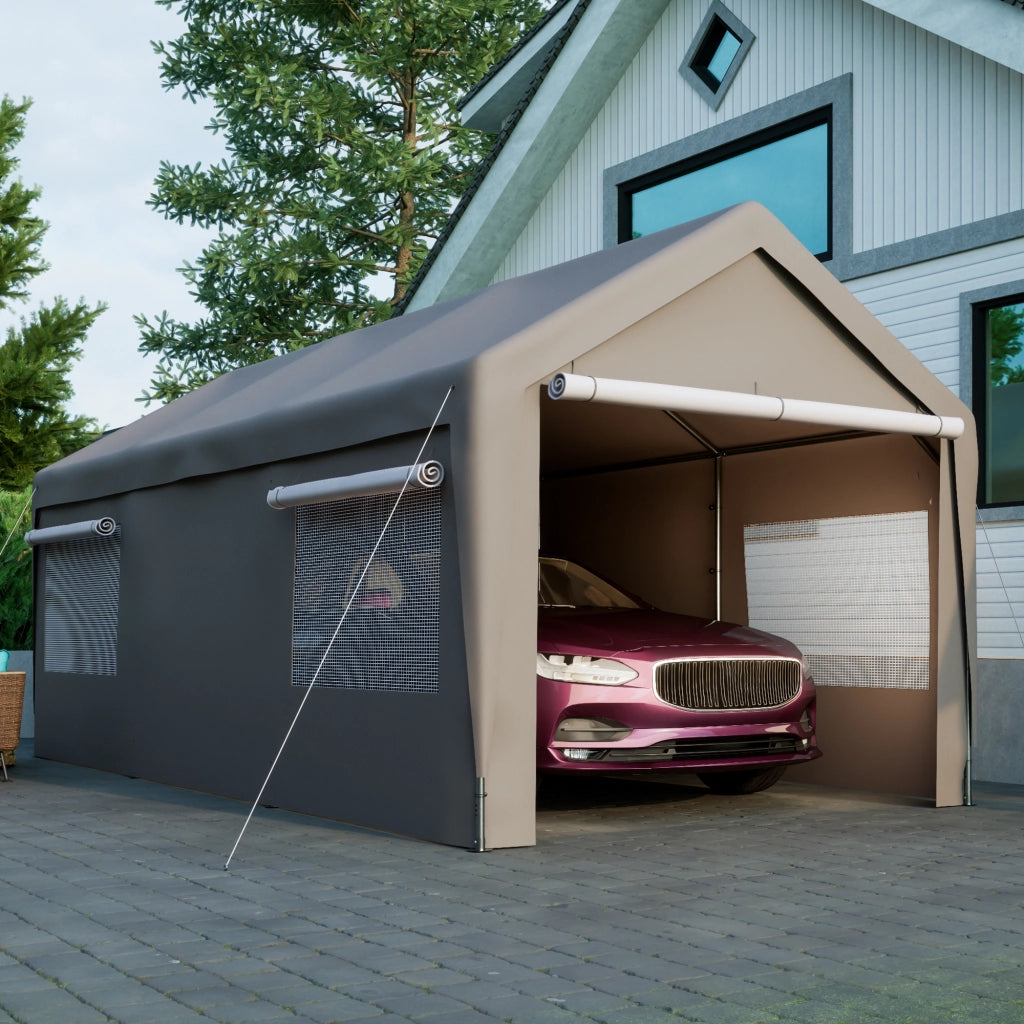 Carport Tenda 3x6 m Grigio con Pareti Removibili, Finestre Avvolgibili e Telaio Metallico