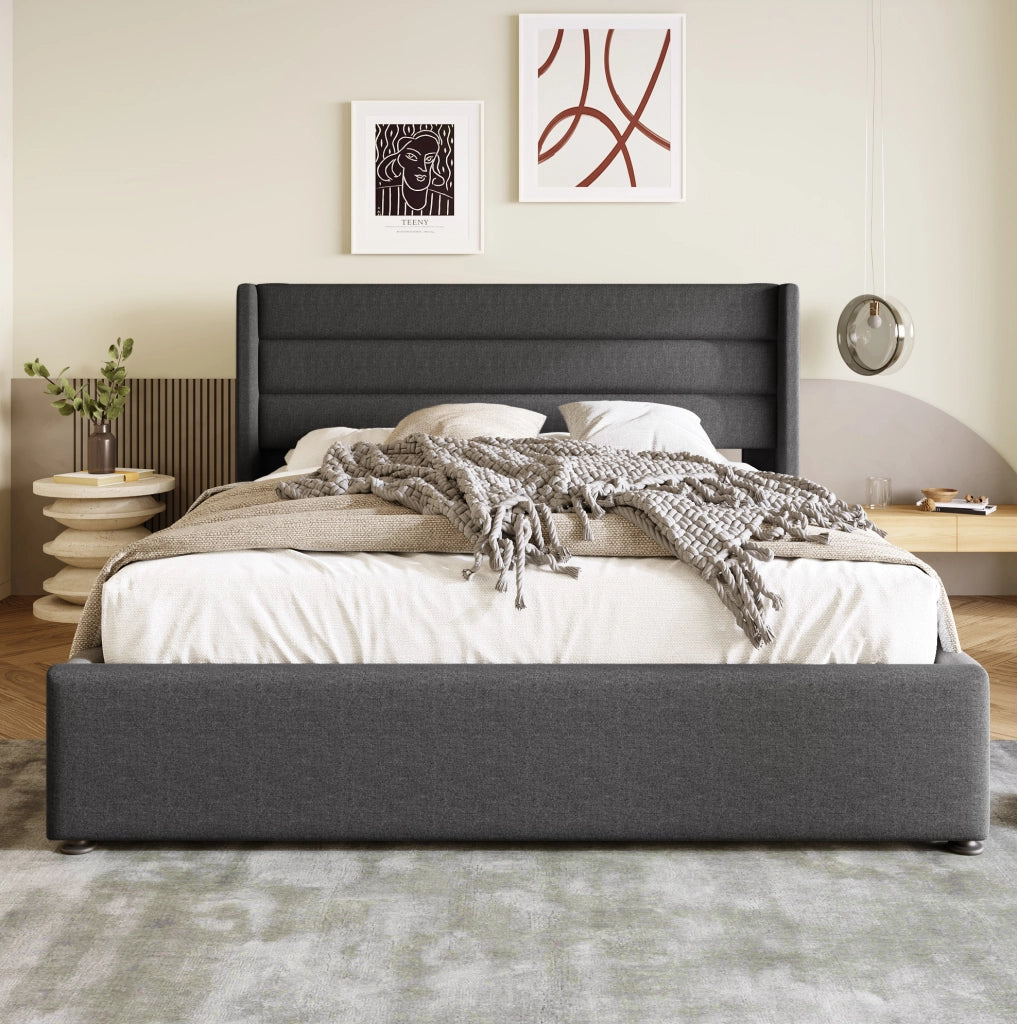 Letto matrimoniale imbottito con contenitore idraulico 180x200 cm in lino grigio