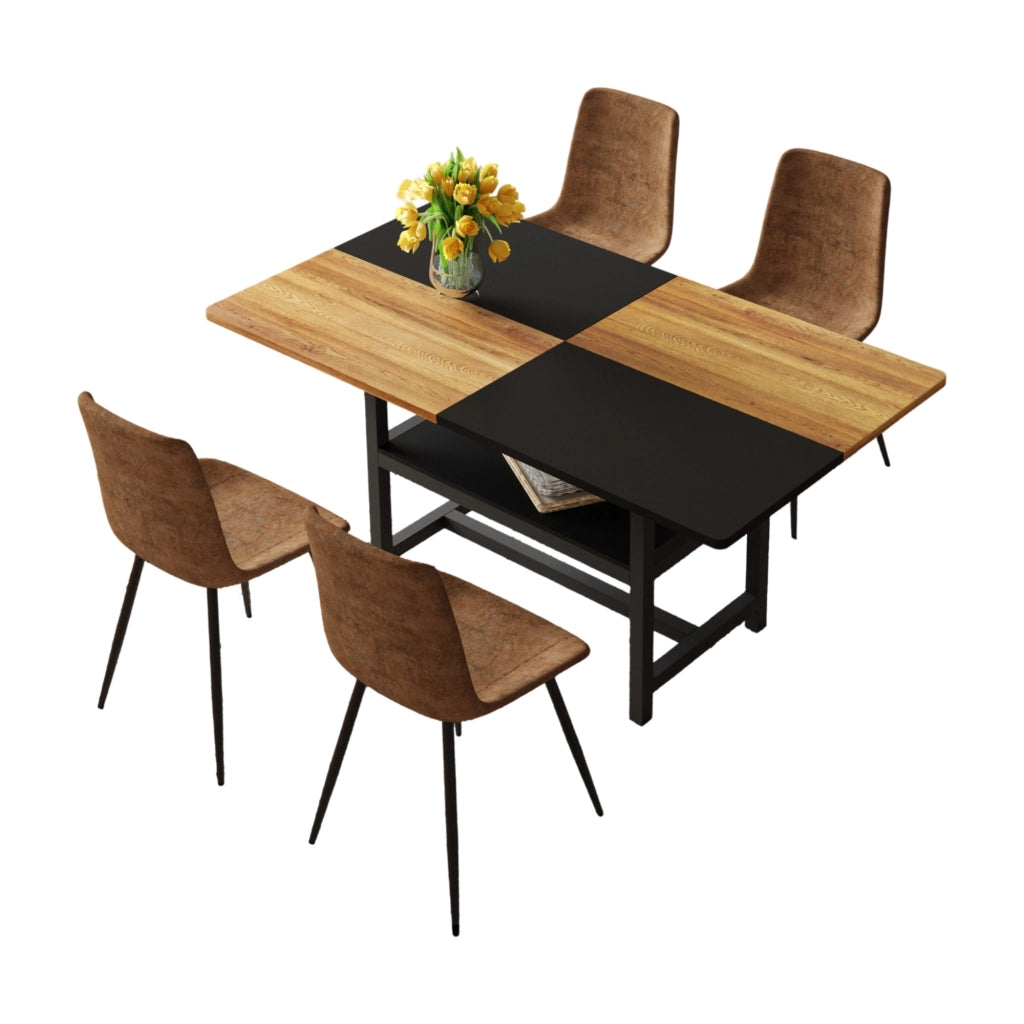 Set tavolo da pranzo e sedie con 1 tavolo e 4 sedie; contenitore; in tessuto tecnico; MDF e metallo marrone e nero