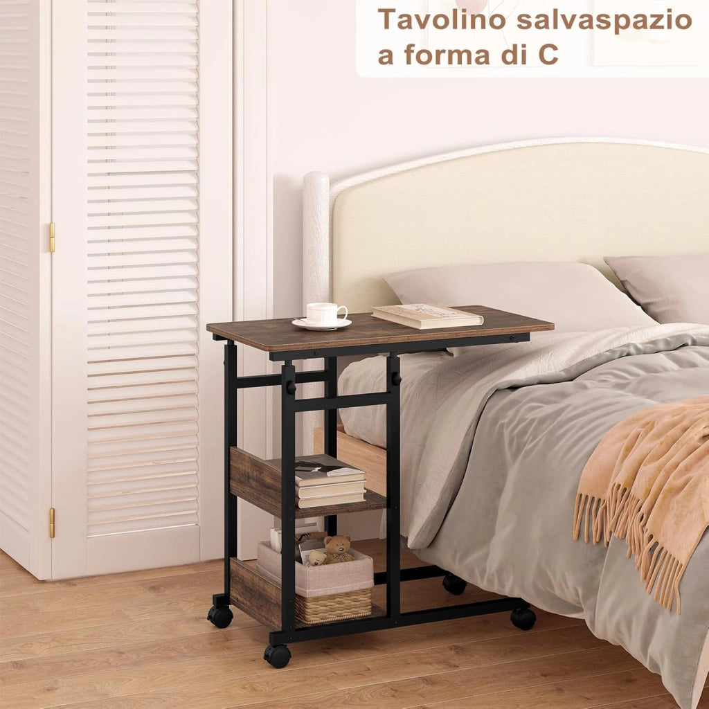 Tavolino da Salotto a Forma di C, Tavolino da Caffè a 3 Livelli, Tavolo Divano Regolabile in Altezza con Ruote Universali, in Legno e Metallo, Rovere vintage + Nero, BTS08hov