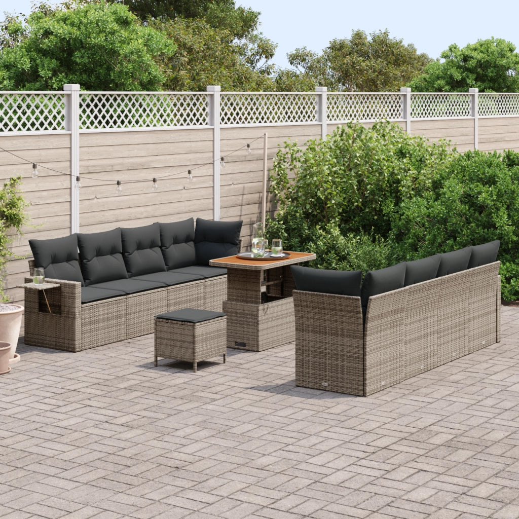 Set Divano da Giardino da 11 Pezzi con Cuscini Grigio Polyrattan Acacia