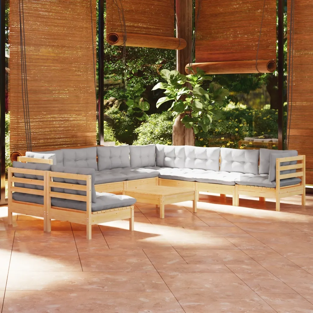Set Divani da Giardino 10 pz con Cuscini Grigi Massello di Pino 3096832