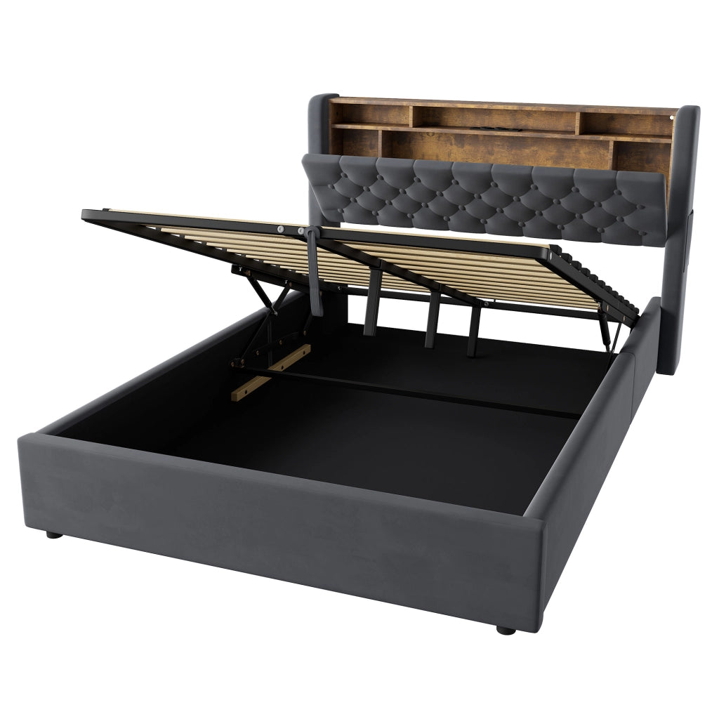 LETTO Imbottito 140 x 190 cm in Velluto Grigio con LED, USB e Contenitore