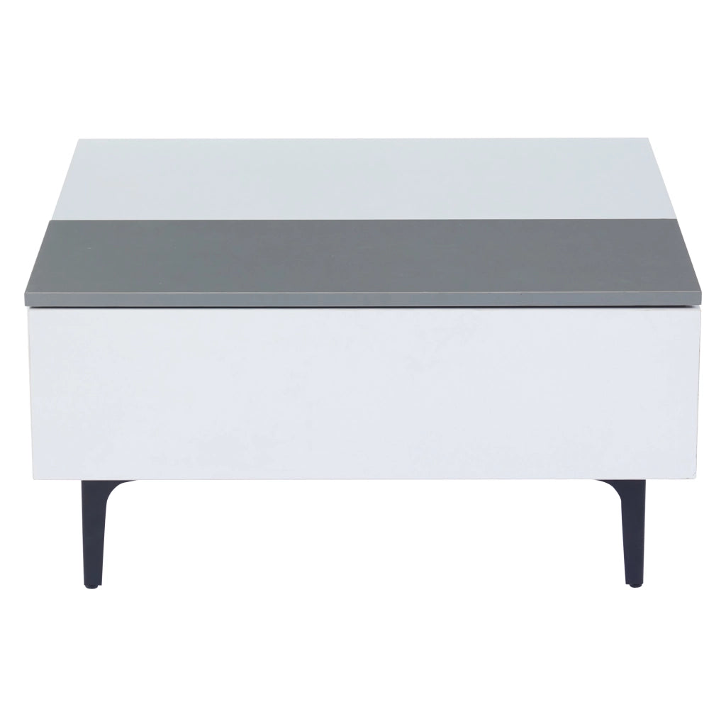 Tavolino da soggiorno sollevabile 70×70×35 cm con LED, vano contenitore e cassetto, bianco e grigio