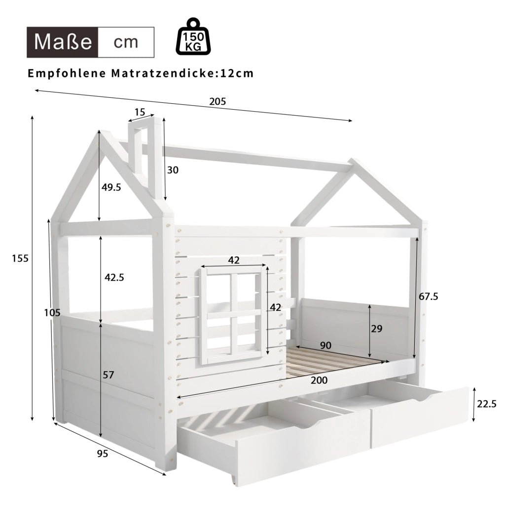 Letto a casetta per bambini 90x200 cm in legno massello di pino bianco con 2 cassetti