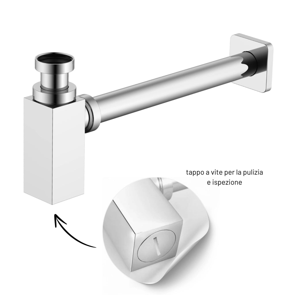 Sifone tubo di scarico in ottone cromato quadro per lavabo lavandino bagno da 1.1/4” *** confezione 1