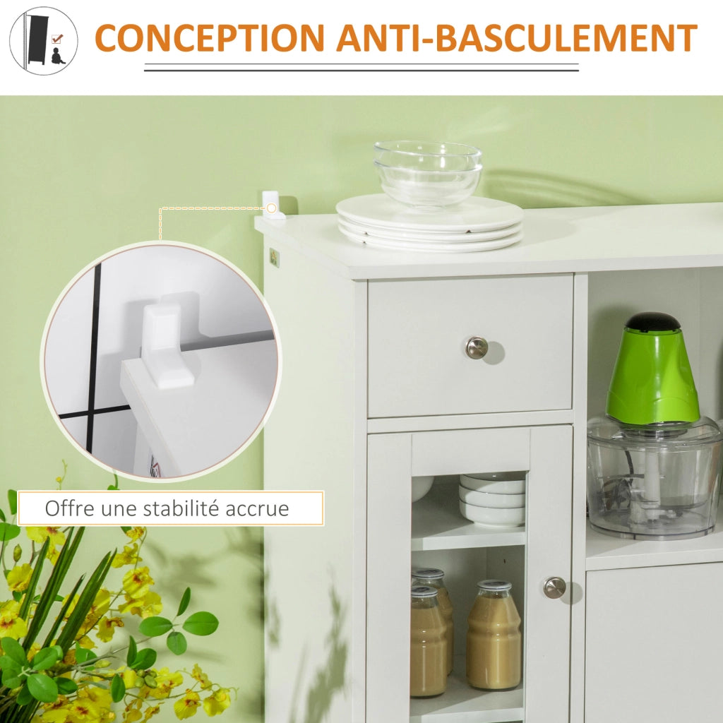 Buffet da cucina moderno con porta in vetro, cassetto, grande nicchia e ripiani regolabili ¨C zephmum ¨C 80x30x82 cm bianco