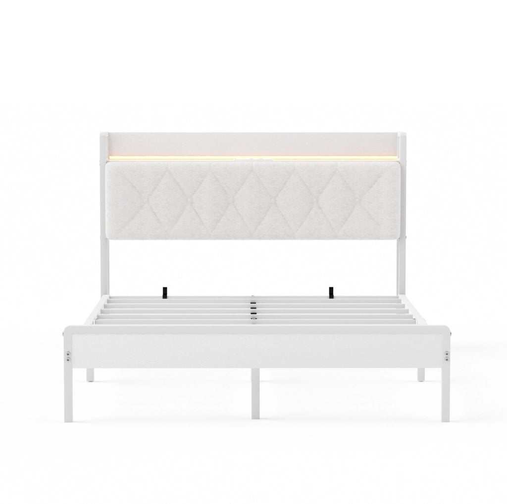 Letto imbottito 140x190 cm con testiera LED e USB in lino; acciaio e pannello truciolare bianco