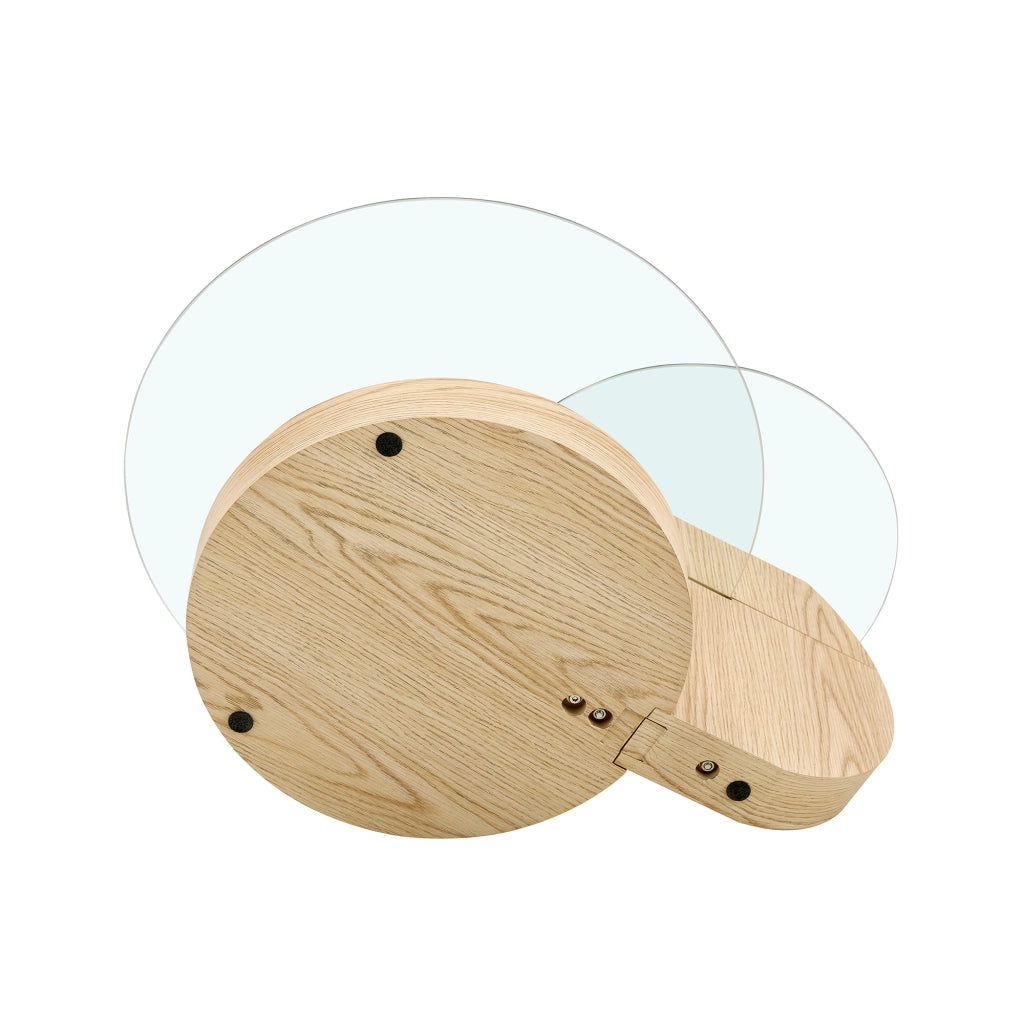 Tavolino basso a due livelli in vetro temperato e MDF effetto legno chiaro trasparente 78.5 × 78.5 × 24.5 cm