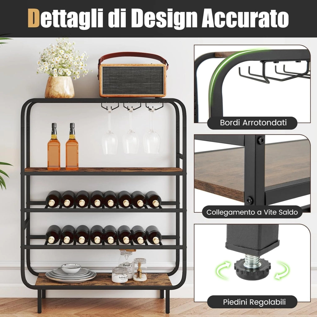 Portabottiglie da Terra 5 Livelli, Scaffale Porta Vino con Piano Legno e Portacalici, Capacità 16 Bottiglie, Struttura Metallo Stile Industriale, per Cantina, Cucina e Sala da Pranzo
