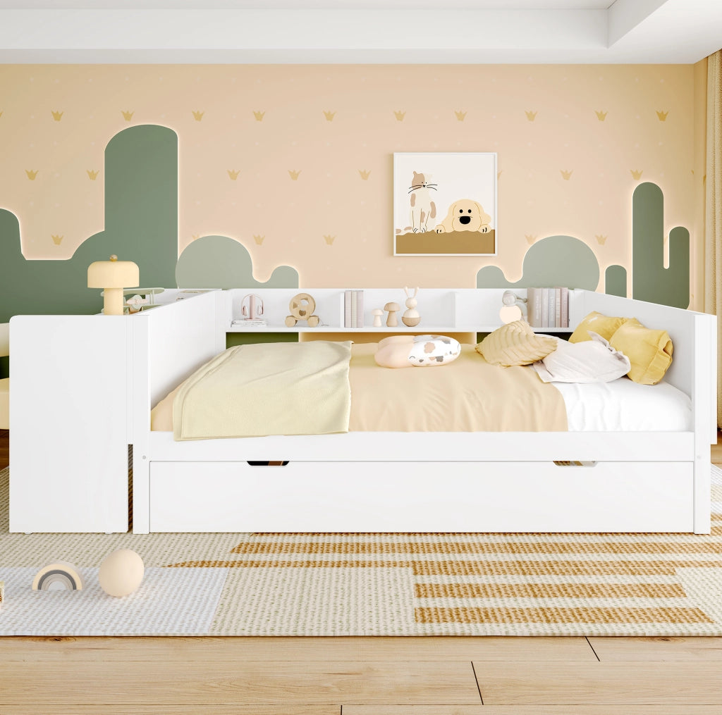 Letto 140x200 cm con scrivania; letto estraibile e ripiani in legno e MDF bianco