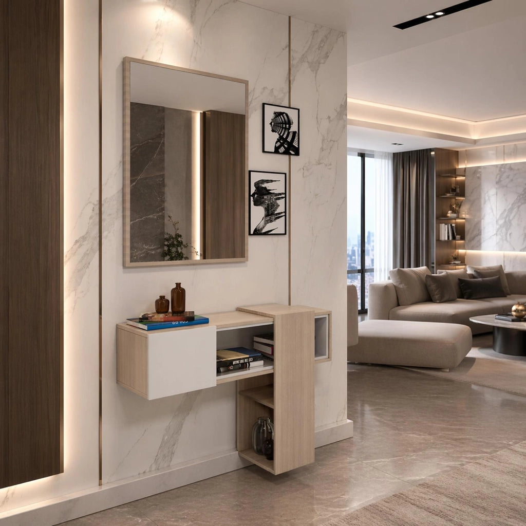Mobile Da Ingresso Con Mensola Sospesa Specchio E Ripiani Scorrevoli Mobiletto Arredo Per Sala 100 X 31.5 X 75 Cm Bianco E Rovere