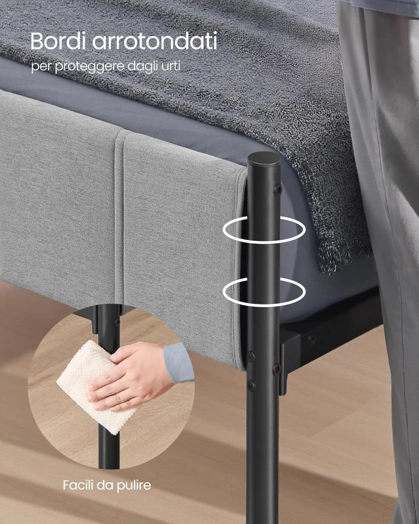 VASAGLE Struttura Letto Singolo, 90 x 200 cm, con Testiera Imbottita, Telaio del Letto, Doghe in Acciaio, Regge fino a 250 kg, Montaggio Facile, Grigio Tortora RMB972G01