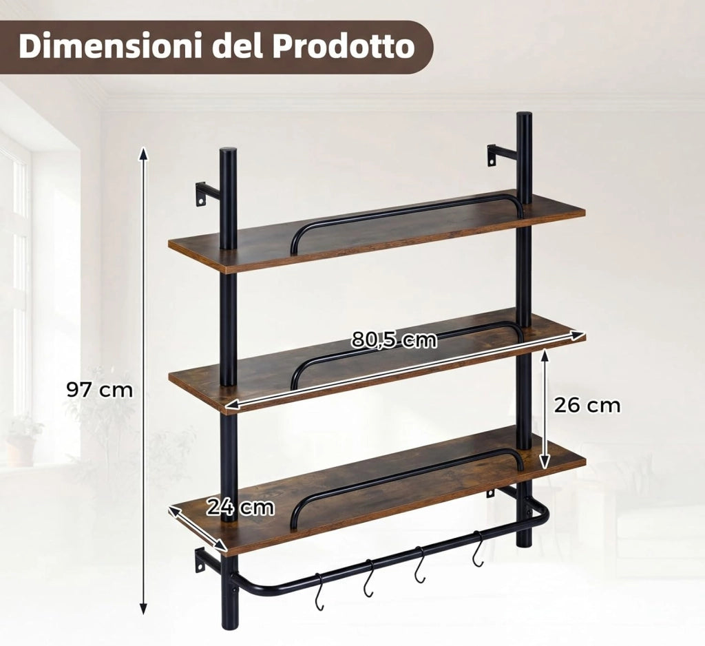 Mensola da Parete, Scaffalatura a 3 Livelli con Luce LED e 4 Ganci a S, Controllo Remoto e APP, Scaffale per Riporre e Esporre in Cucina, Camera da Letto e Soggiorno, 80,5x24x97 cm