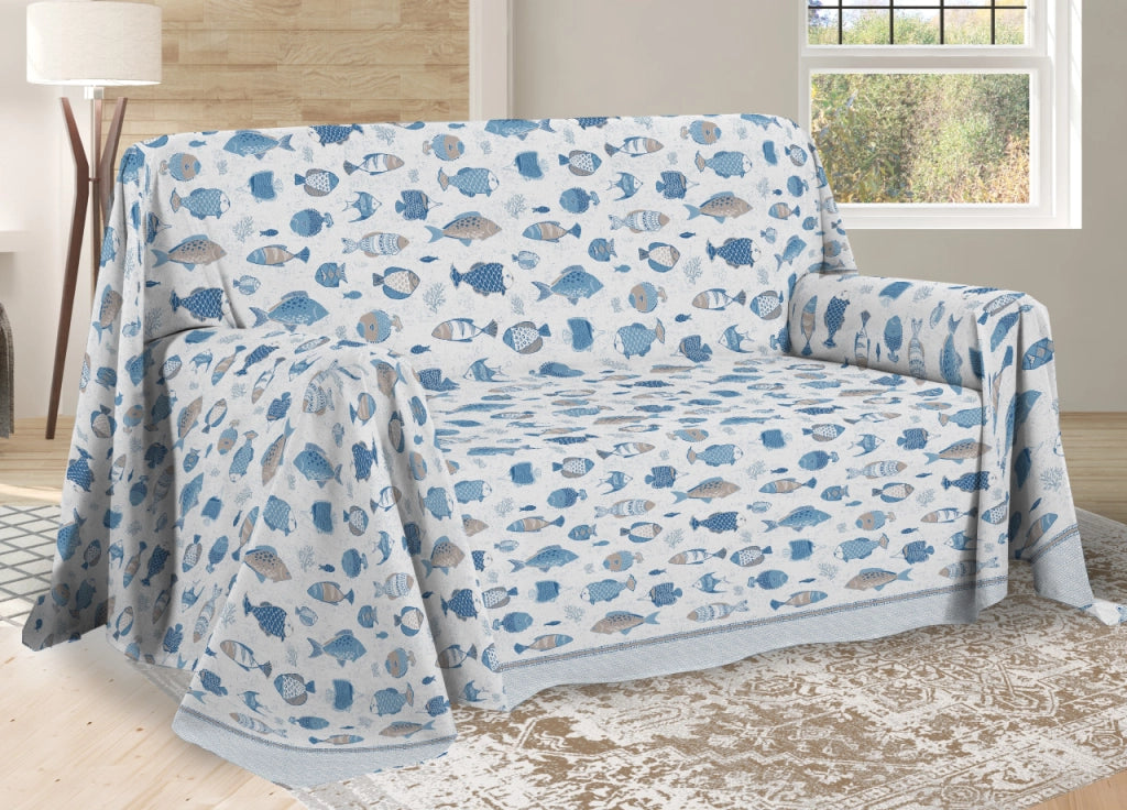 Telo Arredo Multiuso Linea Pensieri Delicati In 100% Cotone Disegno Oceano - Matrimoniale - Bianco