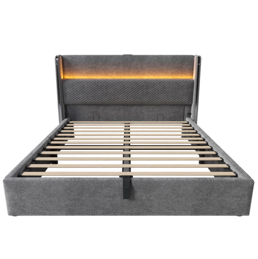 Letto con testiera alta, LED integrato, vano contenitore e porte USB/Type-C