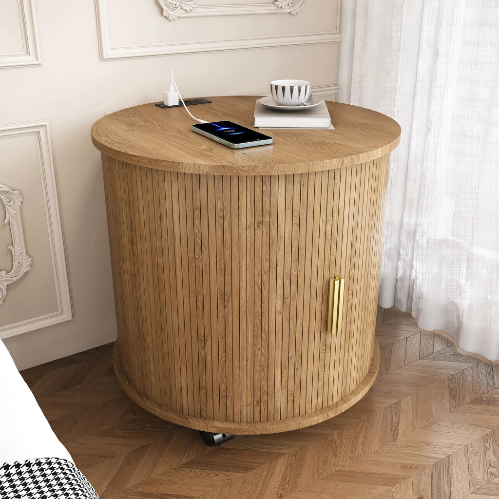 Comodino cilindrico con porta scorrevole; presa e 2 porte USB; per camera da letto; in MDF; rovere; 60×60×60 cm