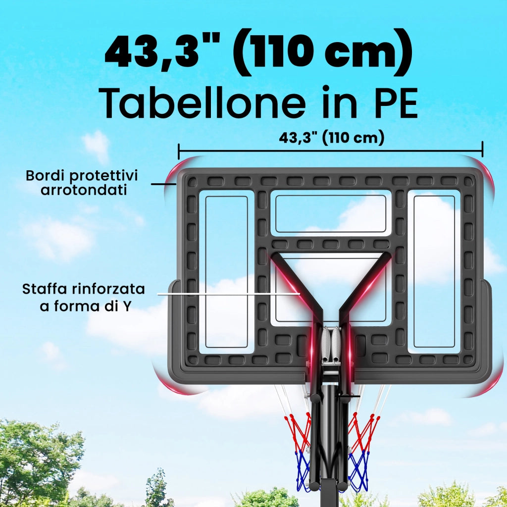 Canestro da Basket Altezza Regolabile 235-305cm in PE Infrangibile Nero