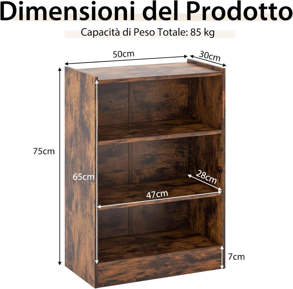 Libreria a 3 Piani, Scaffale Multifunzionale con Ripiani Regolabili e Dispositivo Antiribaltamento, per Soggiorno, Camera da Letto, Studio, 50 x 30 x 75 cm, Marrone