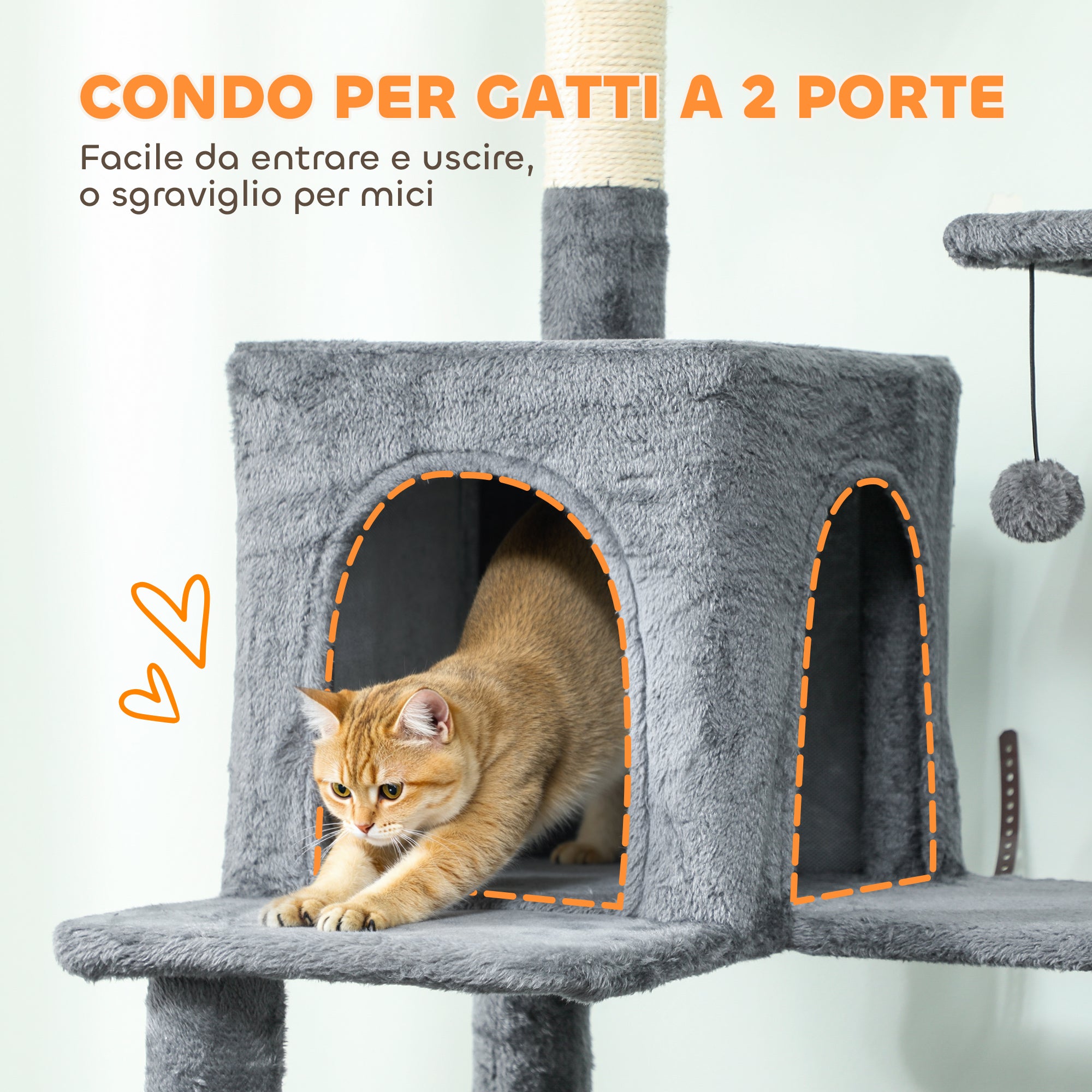 Albero Tiragraffi per Gatti Alto 202 cm con 6 Pali in Sisal Casette Amache e Lettino Grigio