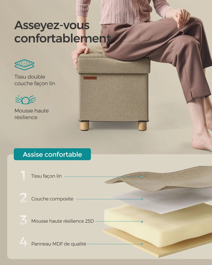 Pouf contenitore con poggiapiedi panca pieghevole con contenitore 38 x 38 x 40 cm per soggiorno o camera da letto marrone 12_0007288