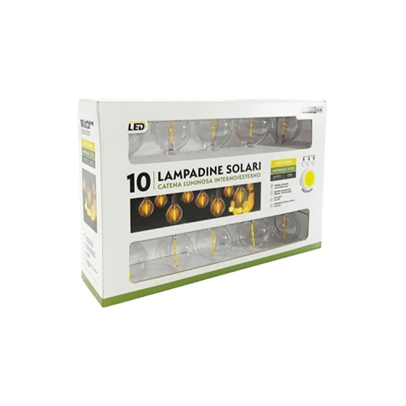 CATENA LUMINOSA 10 LAMPADINE SOLARI ECO LED BIANCO CALDO  CAVO 180 CM RICARICA ENERGIA SOLARE CON INTERRUTTORE ON/OFF