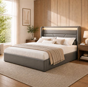 Letto matrimoniale imbottito 160x200 cm in PU grigio con LED e contenitore idraulico