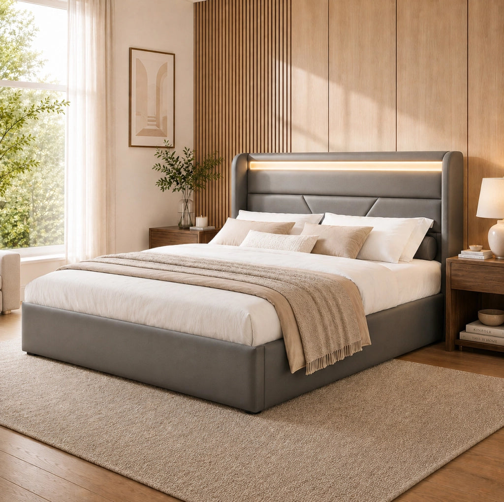 Letto matrimoniale imbottito 160x200 cm in PU grigio con LED e contenitore idraulico