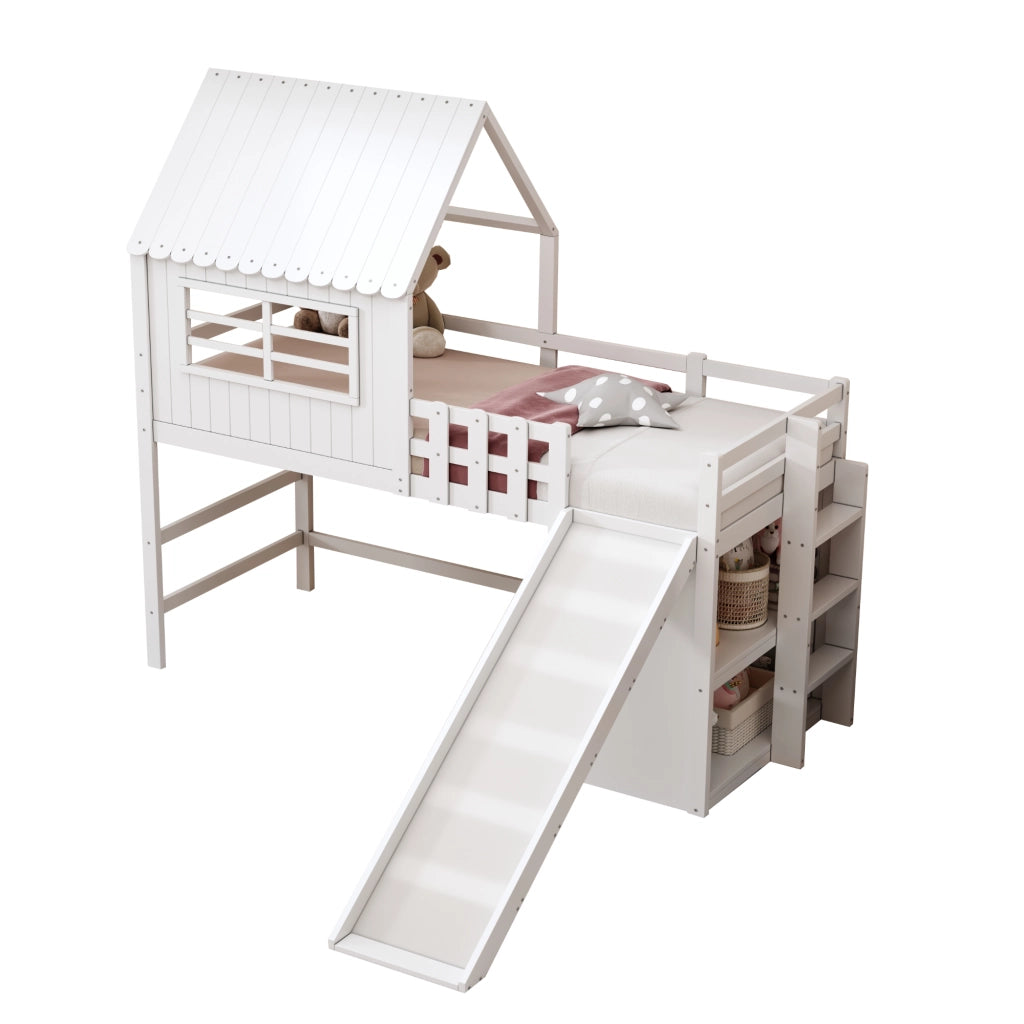 Letto a soppalco 90 × 200 cm con scivolo scala e ripiani in legno e MDF bianco con rete a doghe inclusa