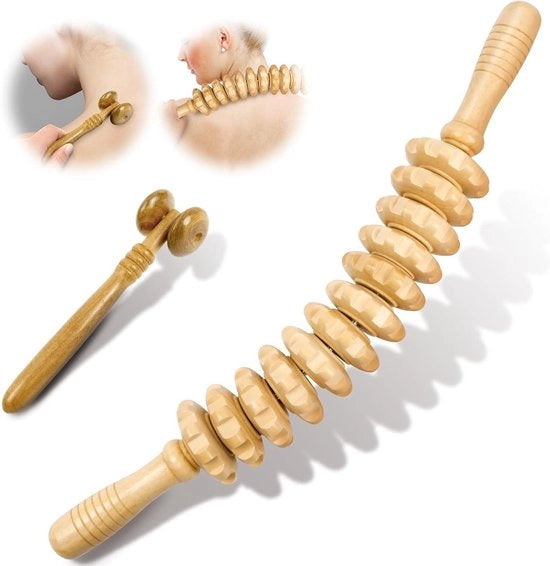 Massagerolgereedschap in legno da 2 pezzi, rullo anti-cellulite per massaggi di rilassamento per spalle, braccia, gambe e collo.